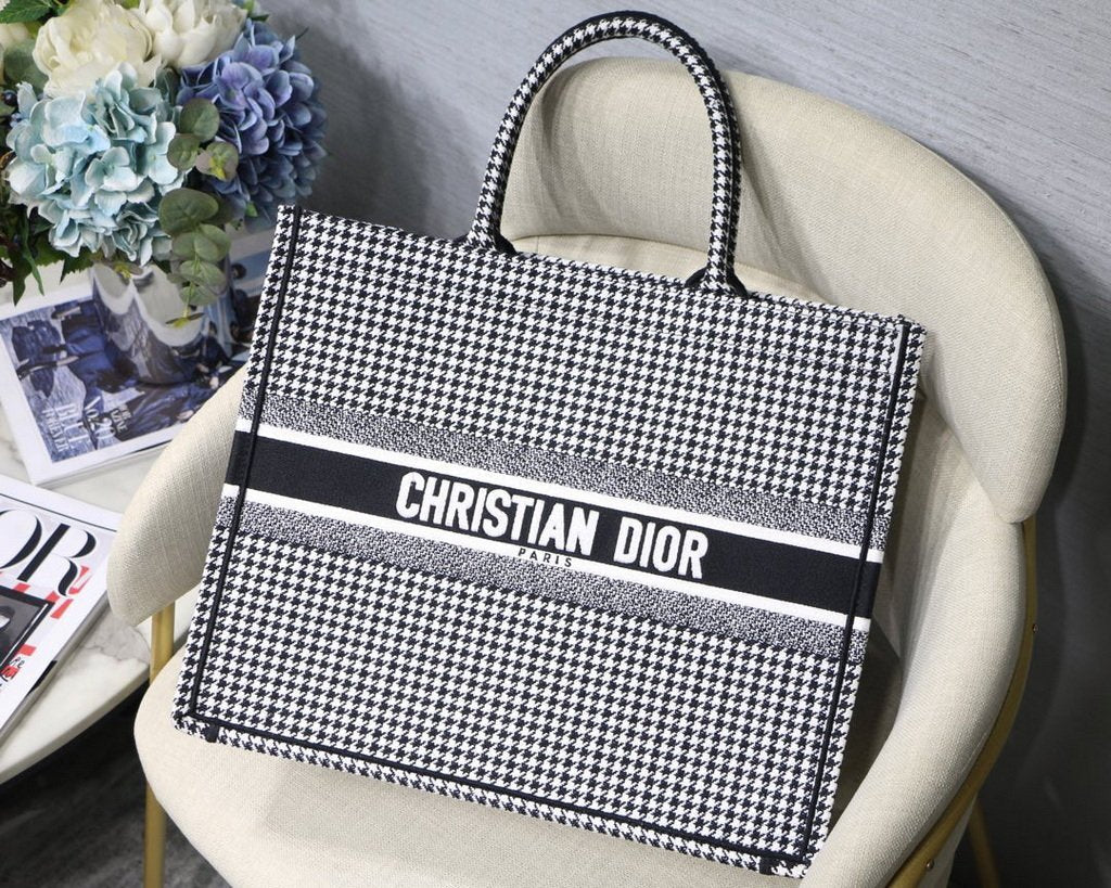 Dior Book Tote M1286 Black and White Houndstooth Embroidery - luxibagsmall