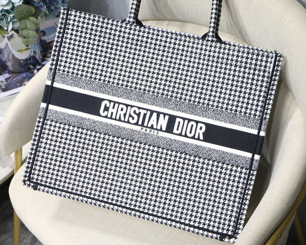 Dior Book Tote M1286 Black and White Houndstooth Embroidery - luxibagsmall