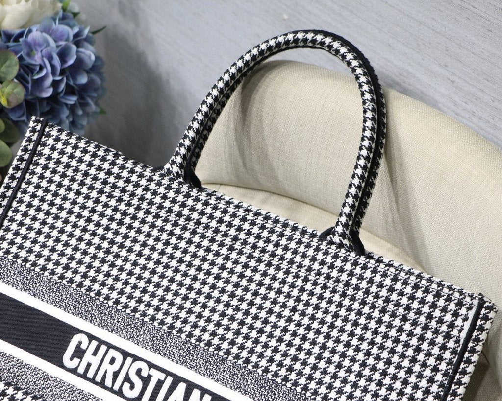 Dior Book Tote M1286 Black and White Houndstooth Embroidery - luxibagsmall