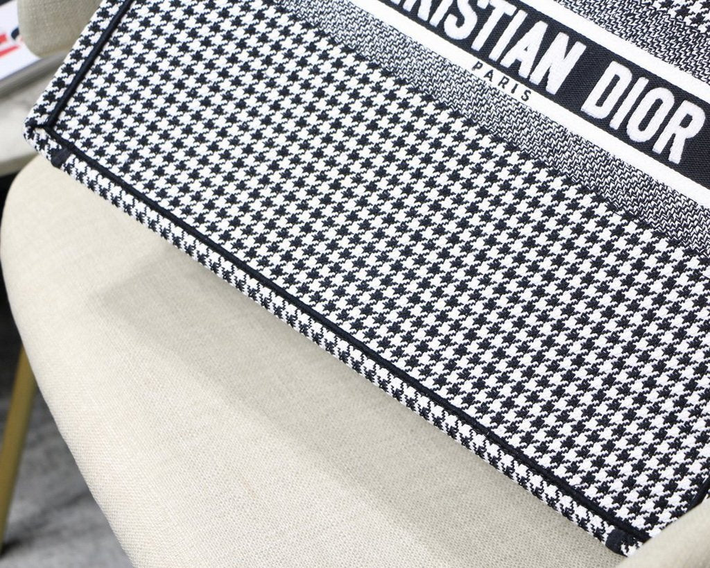 Dior Book Tote M1286 Black and White Houndstooth Embroidery - luxibagsmall