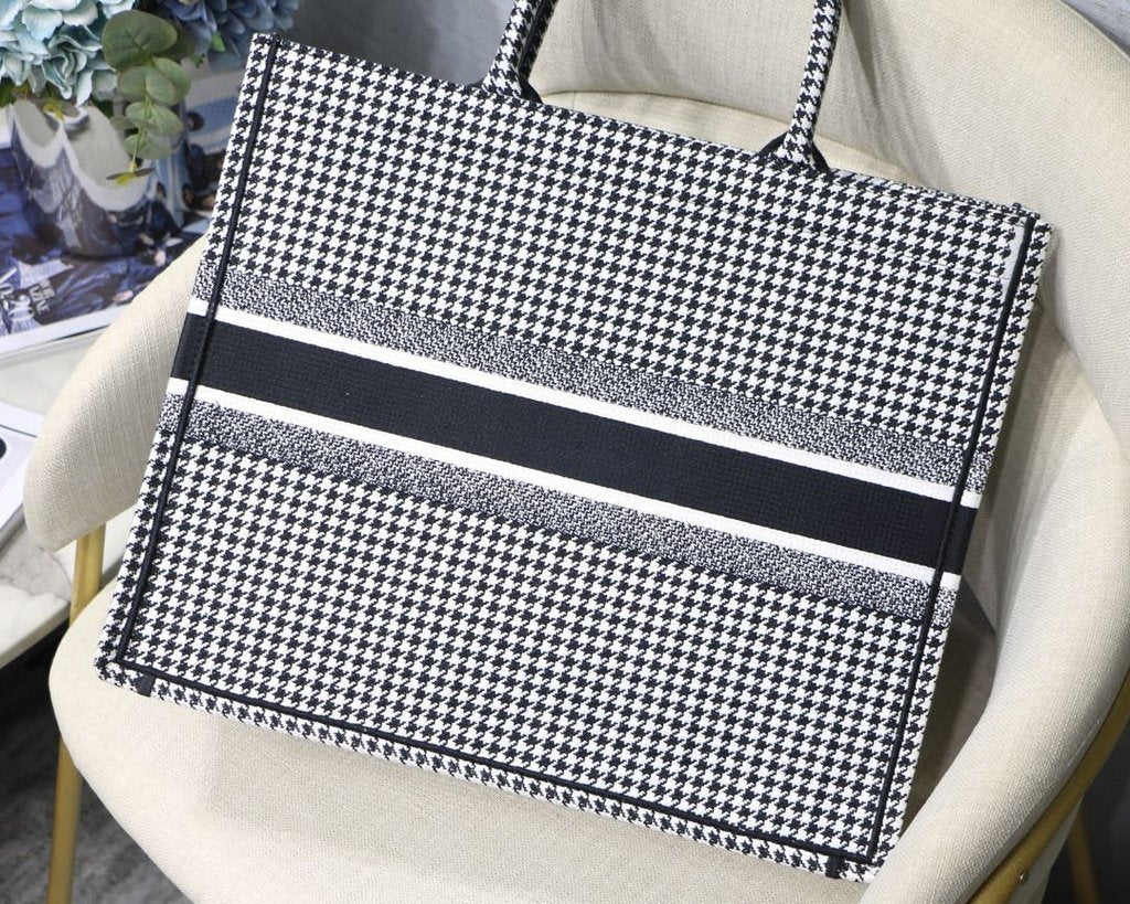 Dior Book Tote M1286 Black and White Houndstooth Embroidery - luxibagsmall