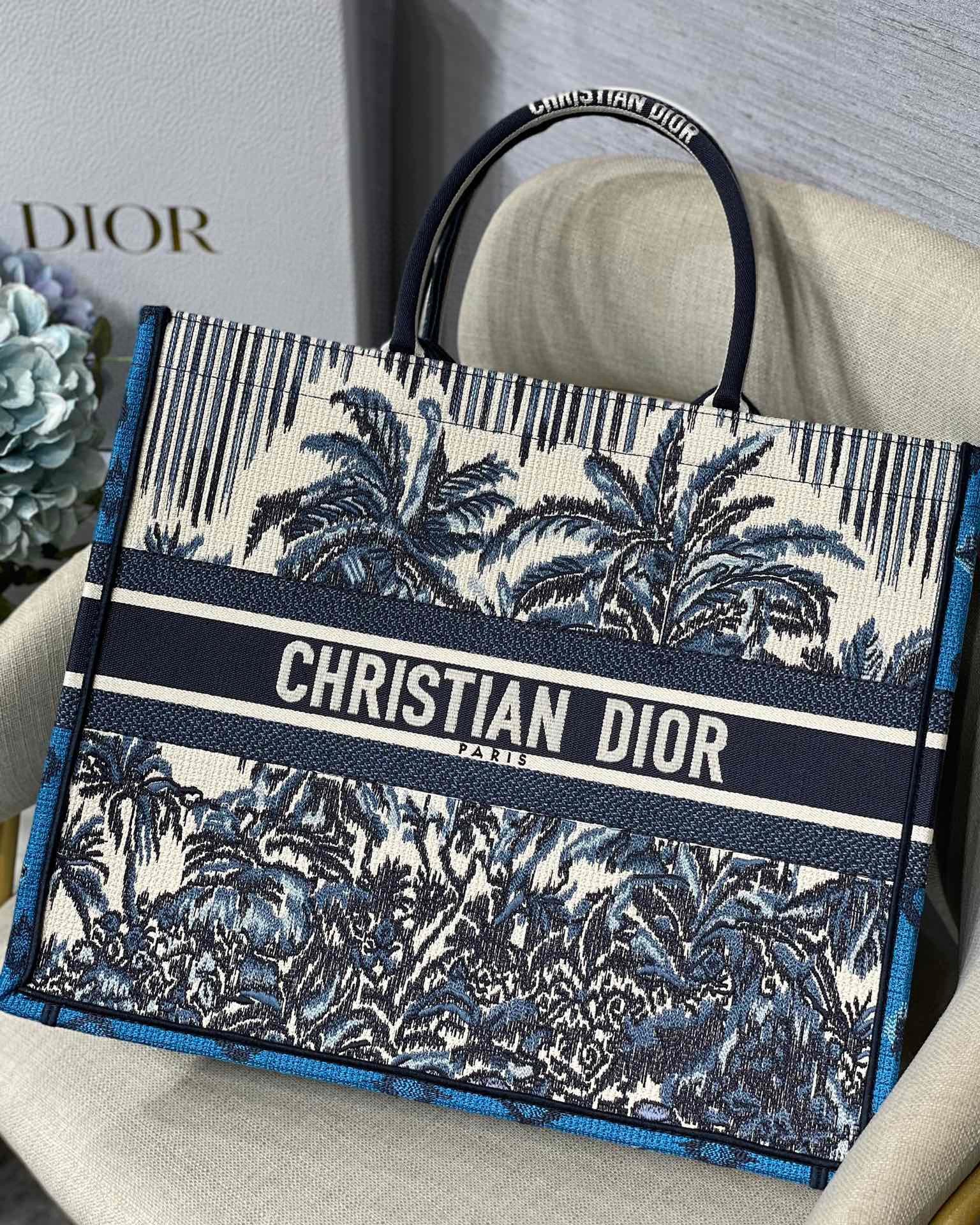 Dior Book Tote M1286 Blue Dior Palms Embroidery - luxibagsmall