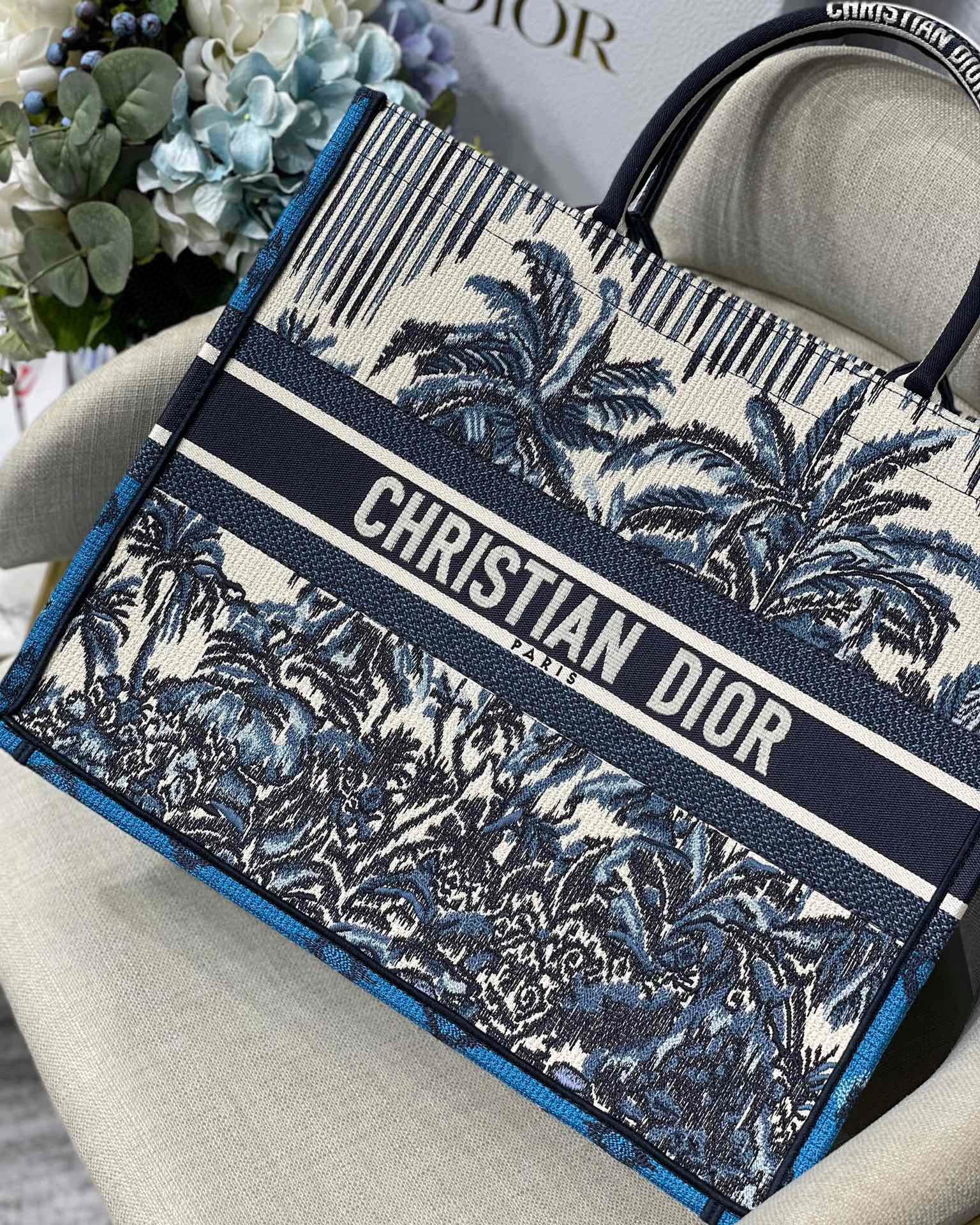 Dior Book Tote M1286 Blue Dior Palms Embroidery - luxibagsmall