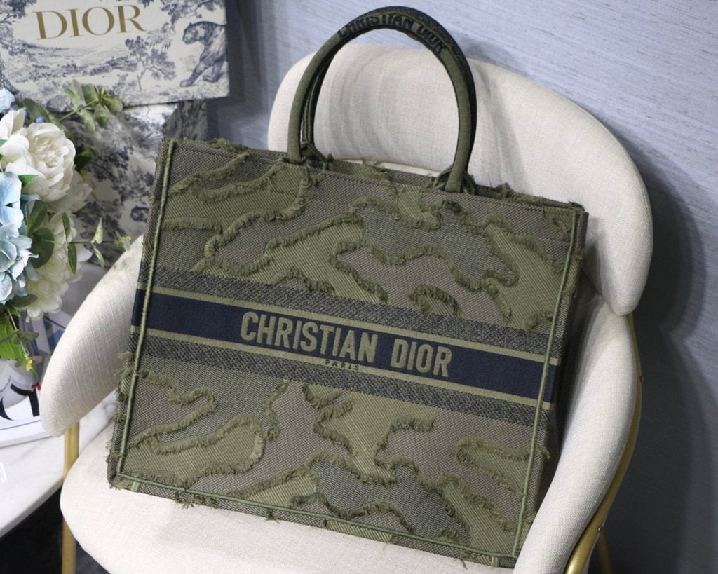 Dior Book Tote M1286 Green Camouflage Embroidery Shopping Bag - luxibagsmall