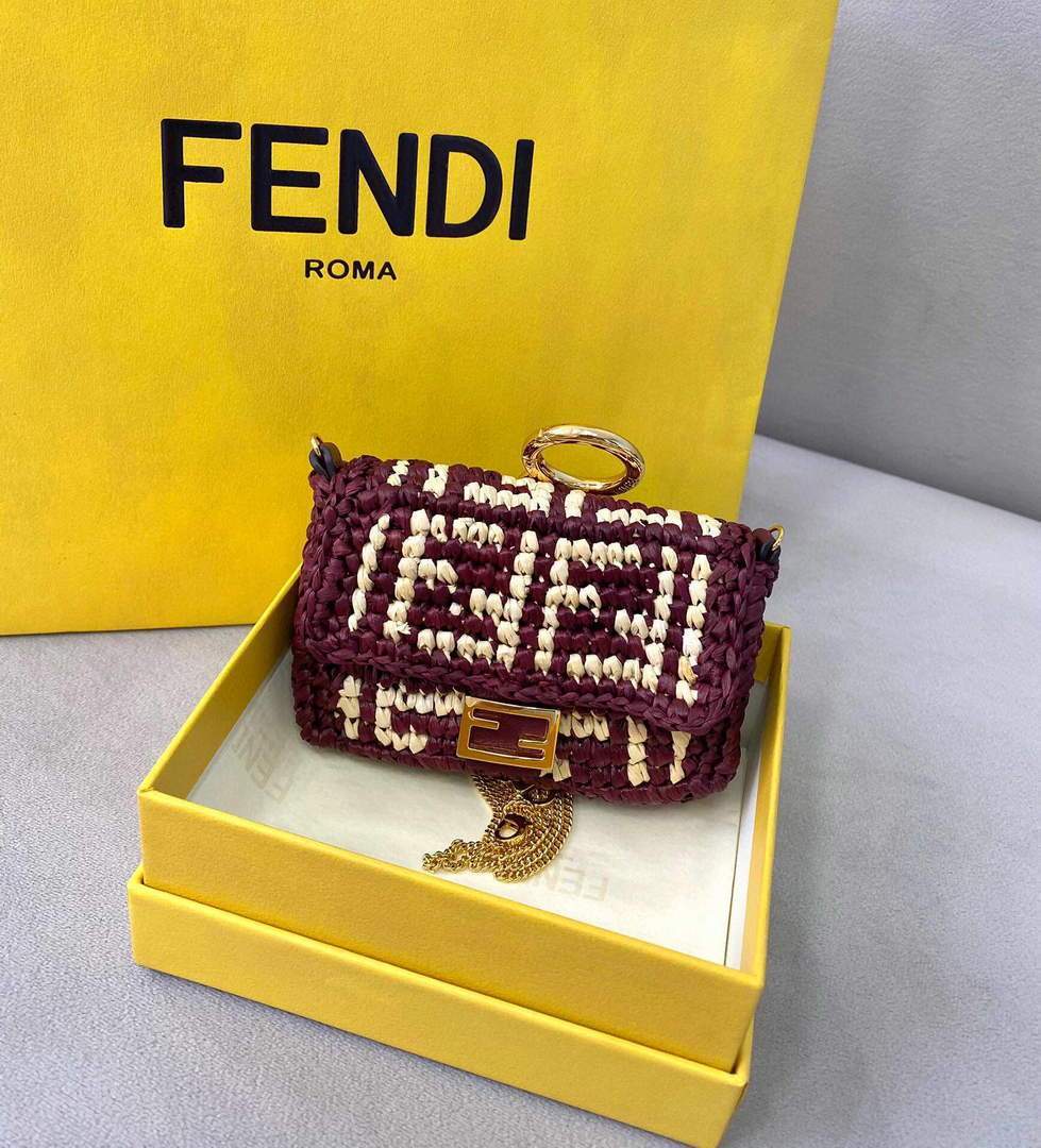 Fendi 7AR844 Nano Baguette Charm Wine Red Raffia Charm - luxibagsmall