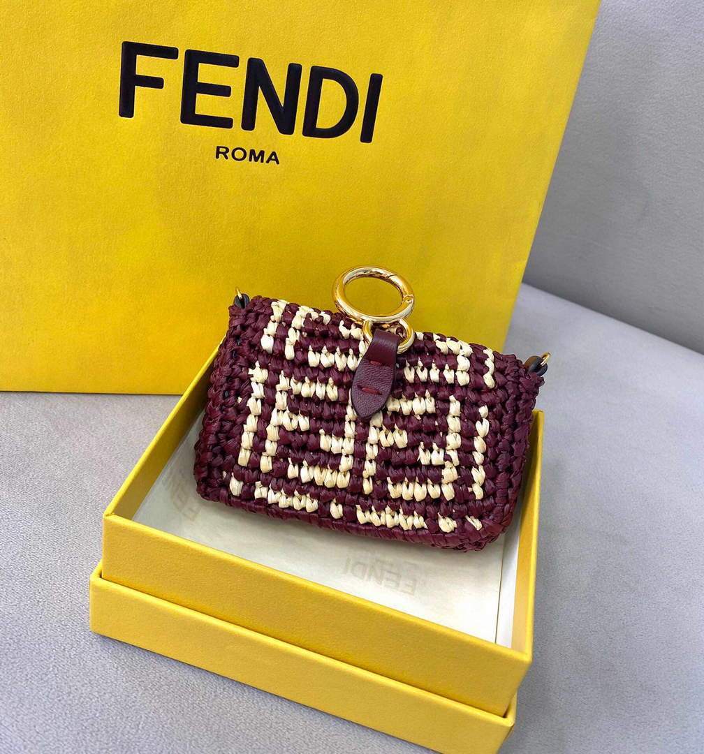 Fendi 7AR844 Nano Baguette Charm Wine Red Raffia Charm - luxibagsmall