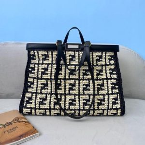 Fendi 8BH374 FENDI PEEKABOO X-TOTE Black FF Raffia Bag - luxibagsmall