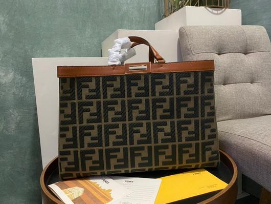 Fendi 8BH374 FENDI PEEKABOO X-TOTE Green Canvas Bag Brown - luxibagsmall