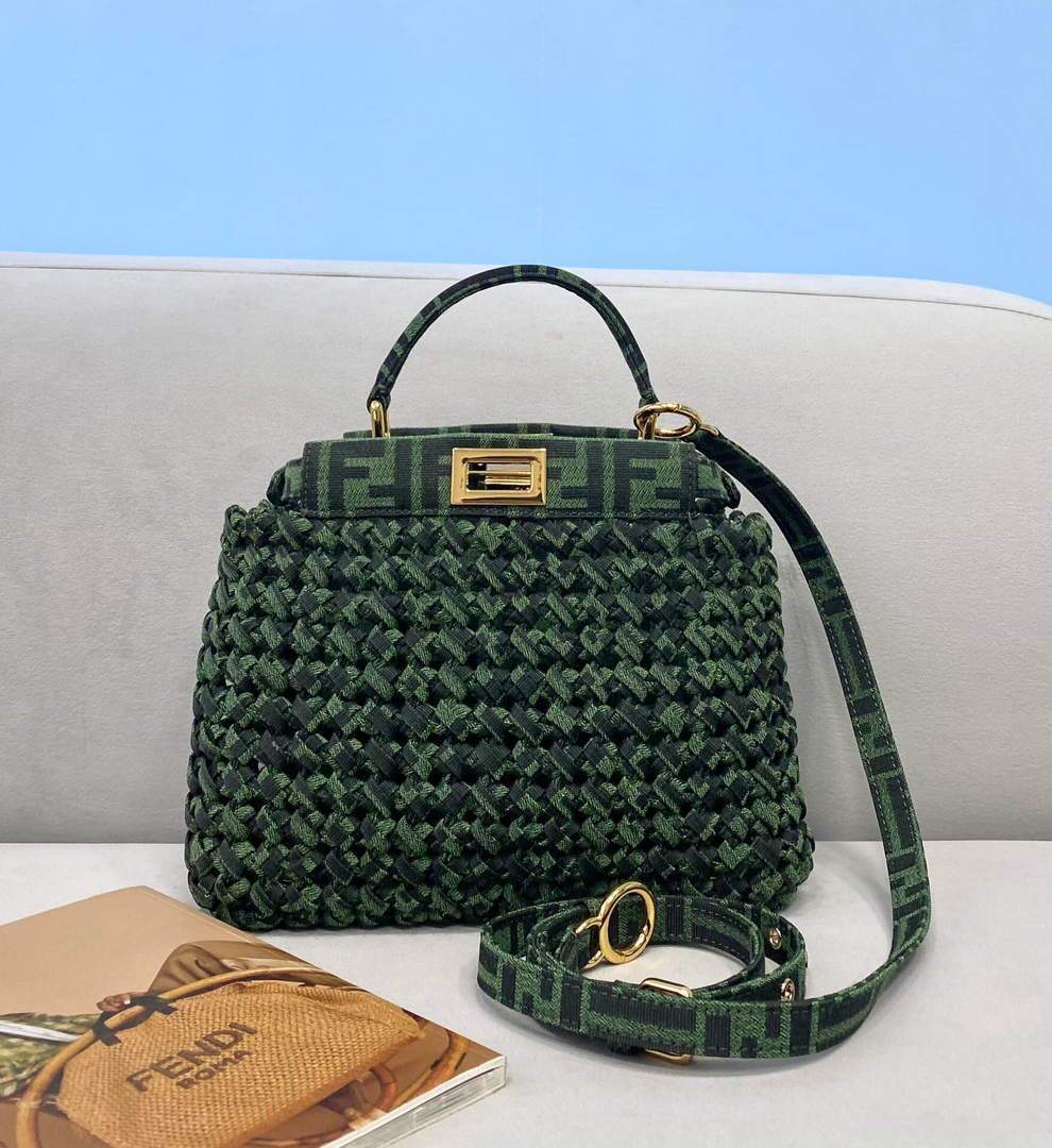 Fendi 8BN244 Peekaboo Iconic Mini Jacquard Fabric Interlace Bag 2126AS Green - luxibagsmall