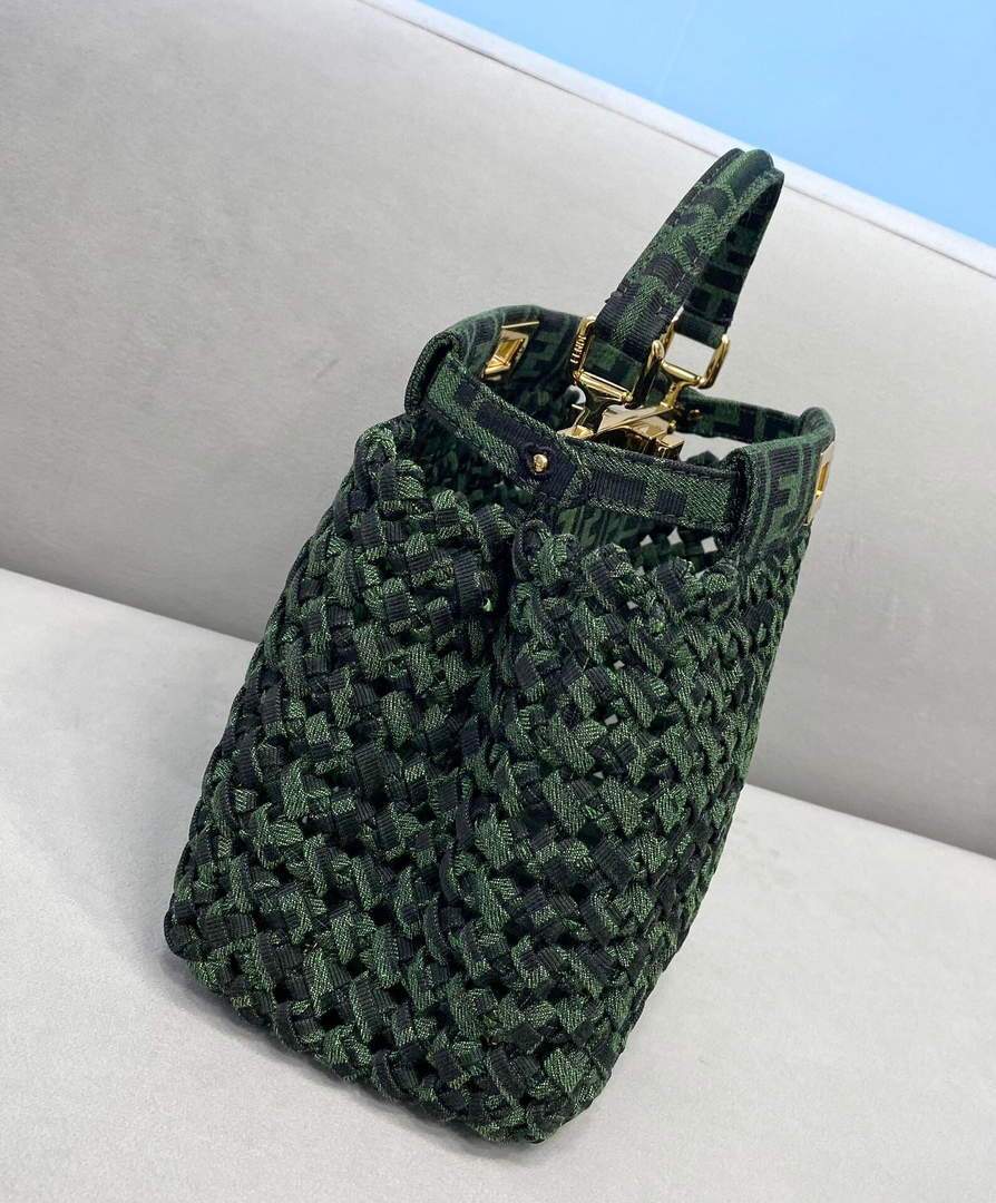 Fendi 8BN244 Peekaboo Iconic Mini Jacquard Fabric Interlace Bag 2126AS Green - luxibagsmall