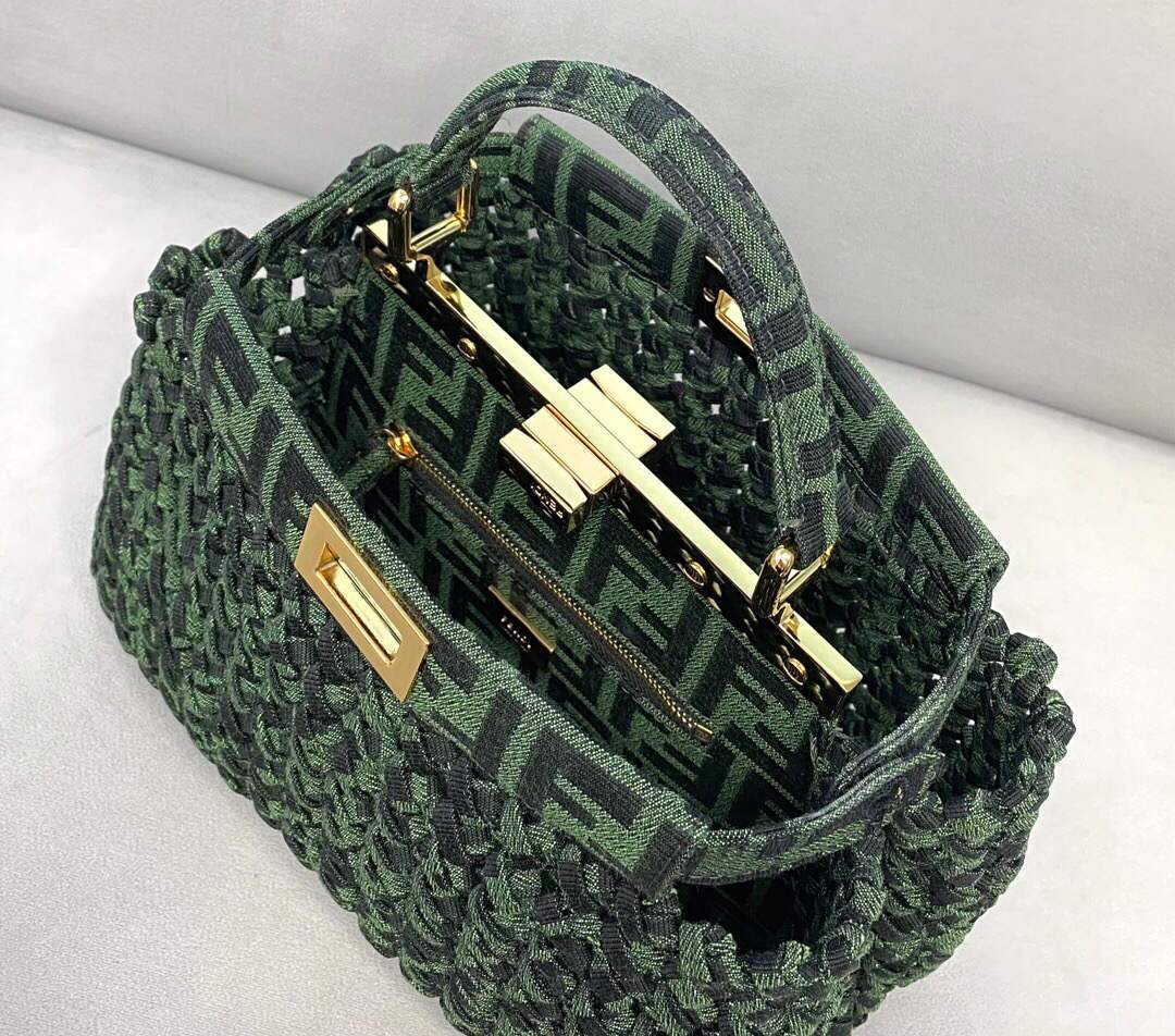 Fendi 8BN244 Peekaboo Iconic Mini Jacquard Fabric Interlace Bag 2126AS Green - luxibagsmall