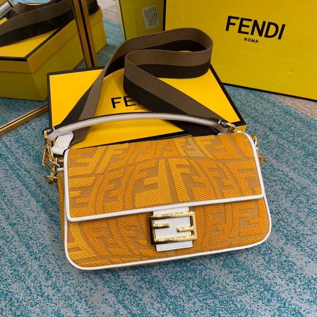 Fendi 8BR600 Baguette Embroidered Canvas Bag Yellow - luxibagsmall