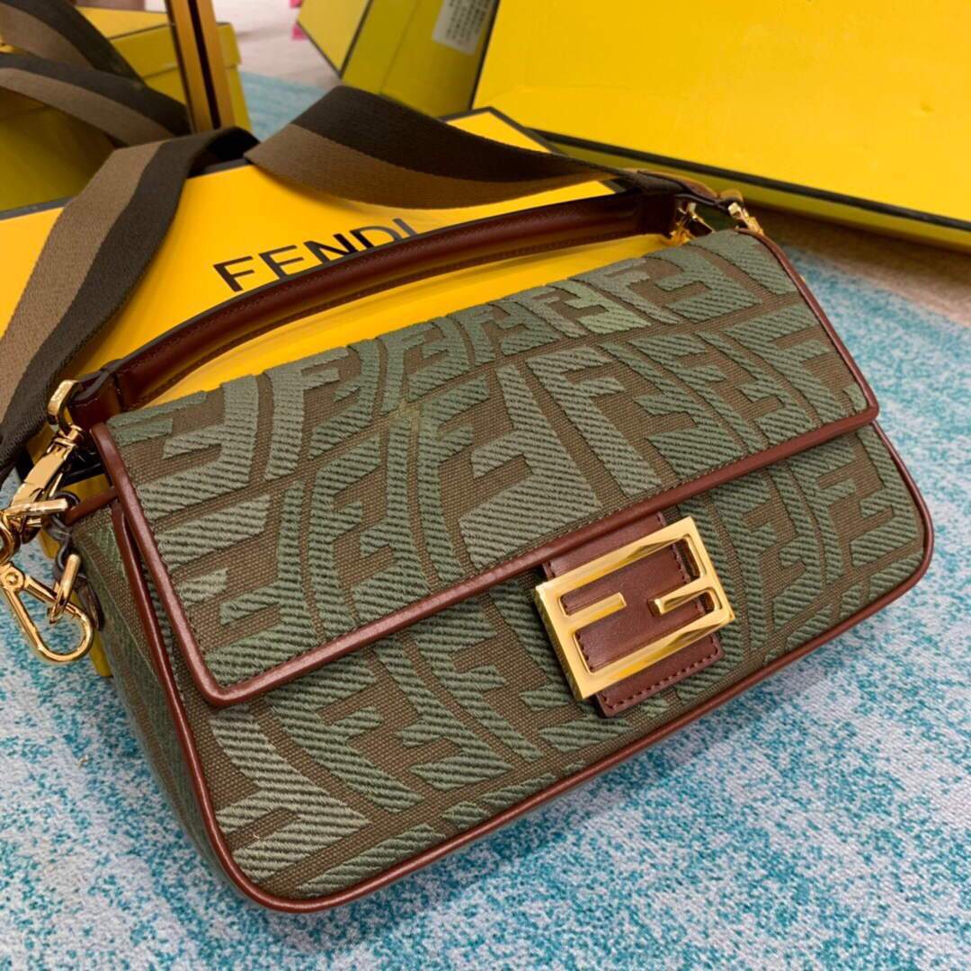 Fendi 8BR600 Baguette Embroidered Canvas Bag Green - luxibagsmall