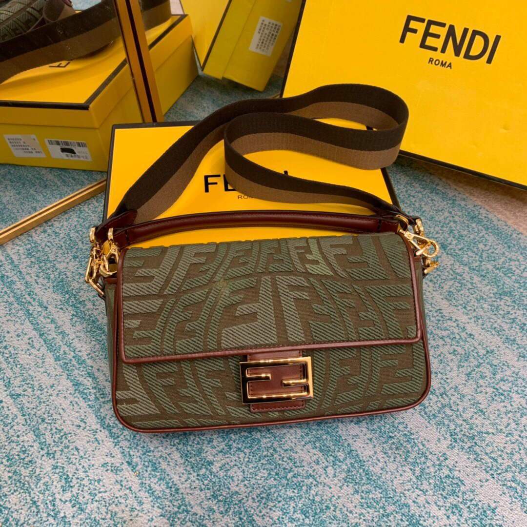 Fendi 8BR600 Baguette Embroidered Canvas Bag Green - luxibagsmall