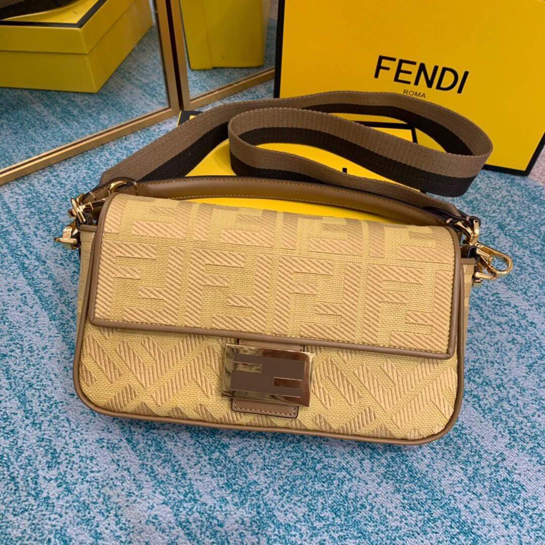 Fendi 8BR600 Baguette Embroidered Canvas Bag Apricot - luxibagsmall