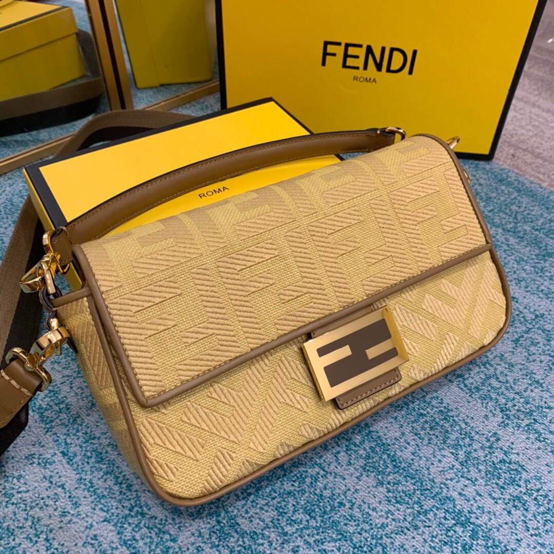 Fendi 8BR600 Baguette Embroidered Canvas Bag Apricot - luxibagsmall