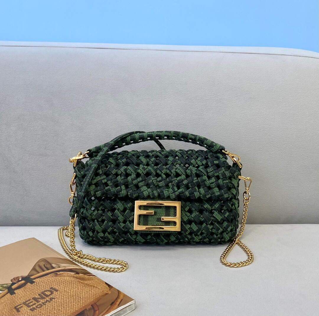 Fendi 8BR600 Baguette Jacquard Fabric Interlace Bag 8267S Green - luxibagsmall