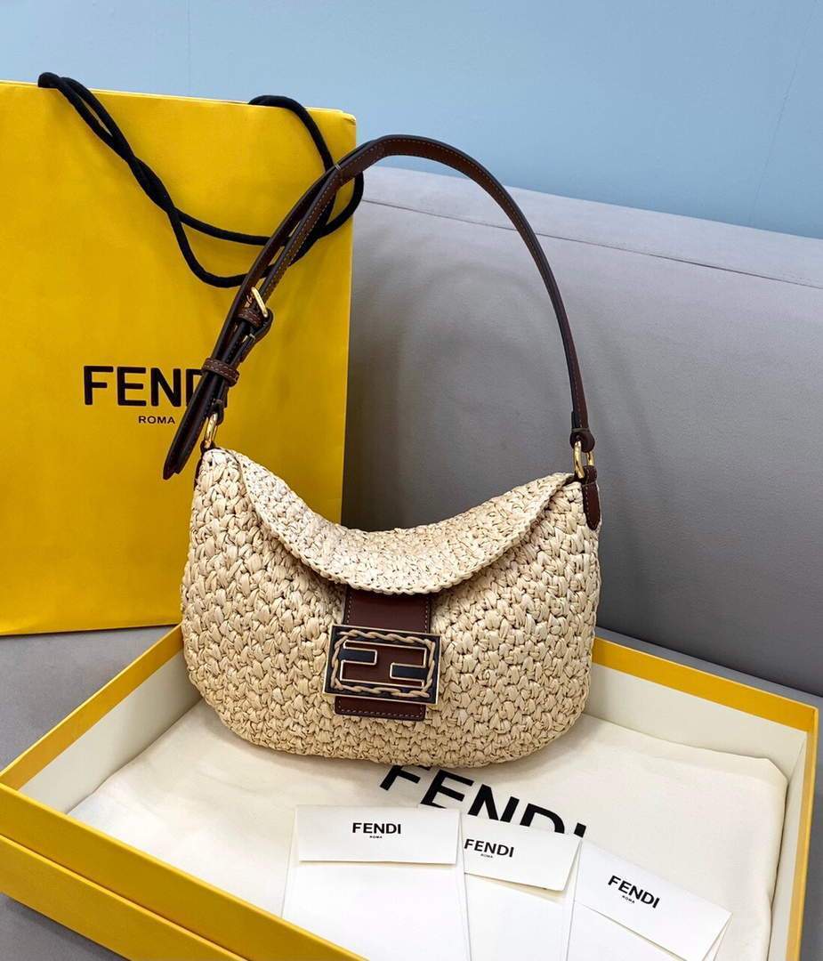 Fendi 8BR790 Small Croissant Woven Straw Bag 8373A Brown - luxibagsmall