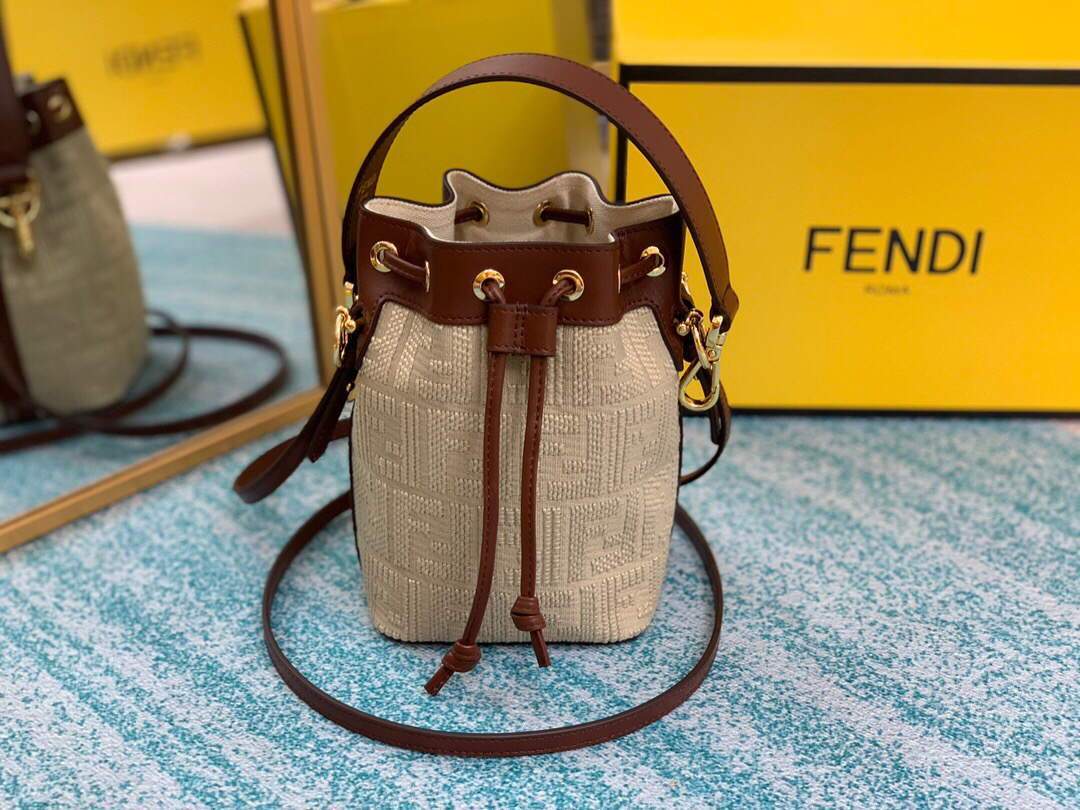 Fendi 8BS010 Mon Tresor Leather And Canvas Mini Bag Beige - luxibagsmall