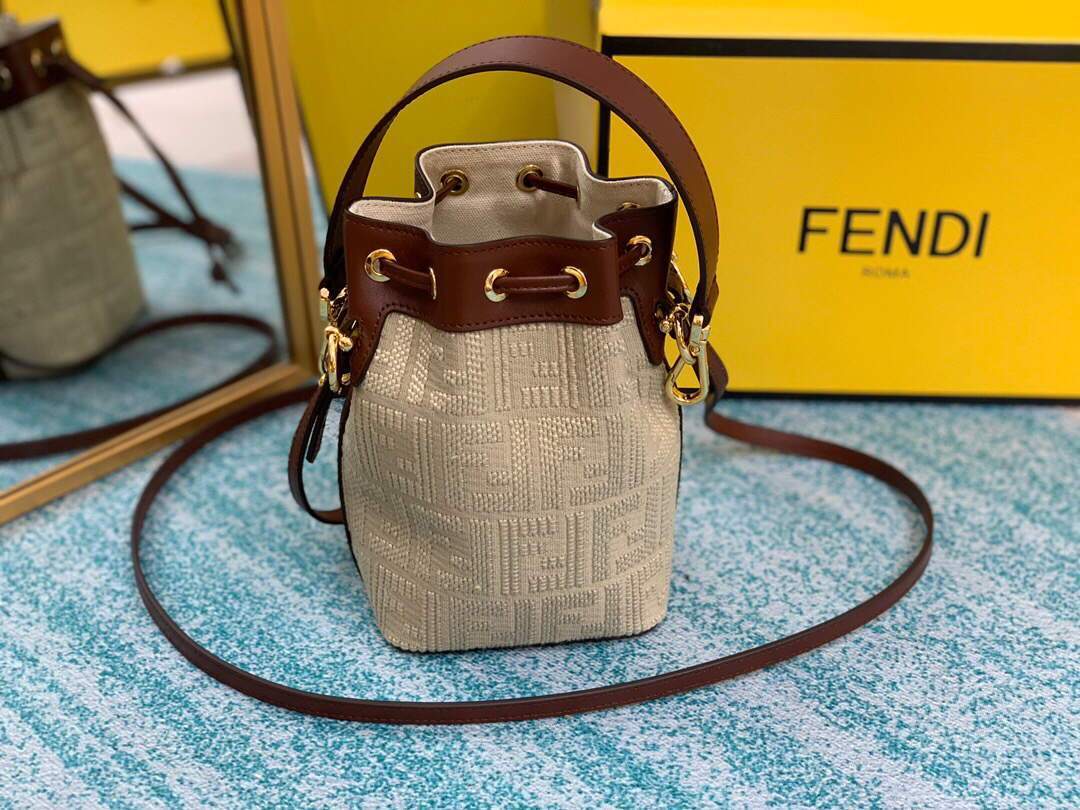 Fendi 8BS010 Mon Tresor Leather And Canvas Mini Bag Beige - luxibagsmall