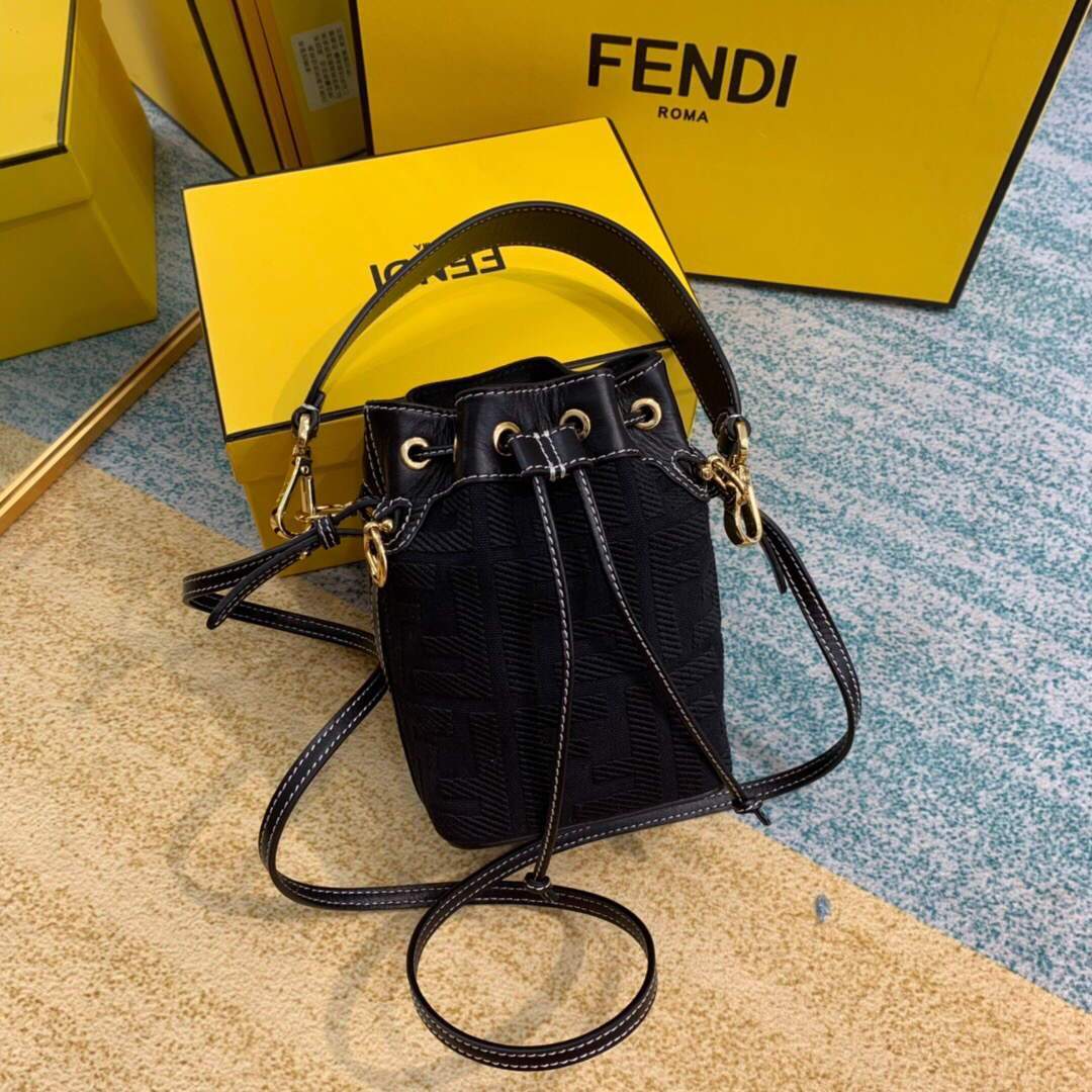 Fendi 8BS010 Mon Tresor Leather And Canvas Mini Bag Black - luxibagsmall