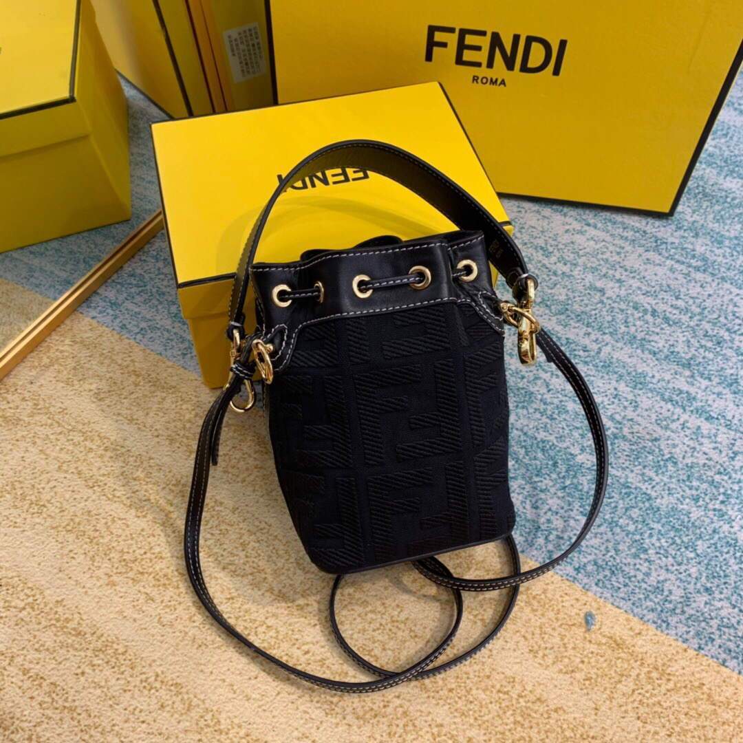 Fendi 8BS010 Mon Tresor Leather And Canvas Mini Bag Black - luxibagsmall