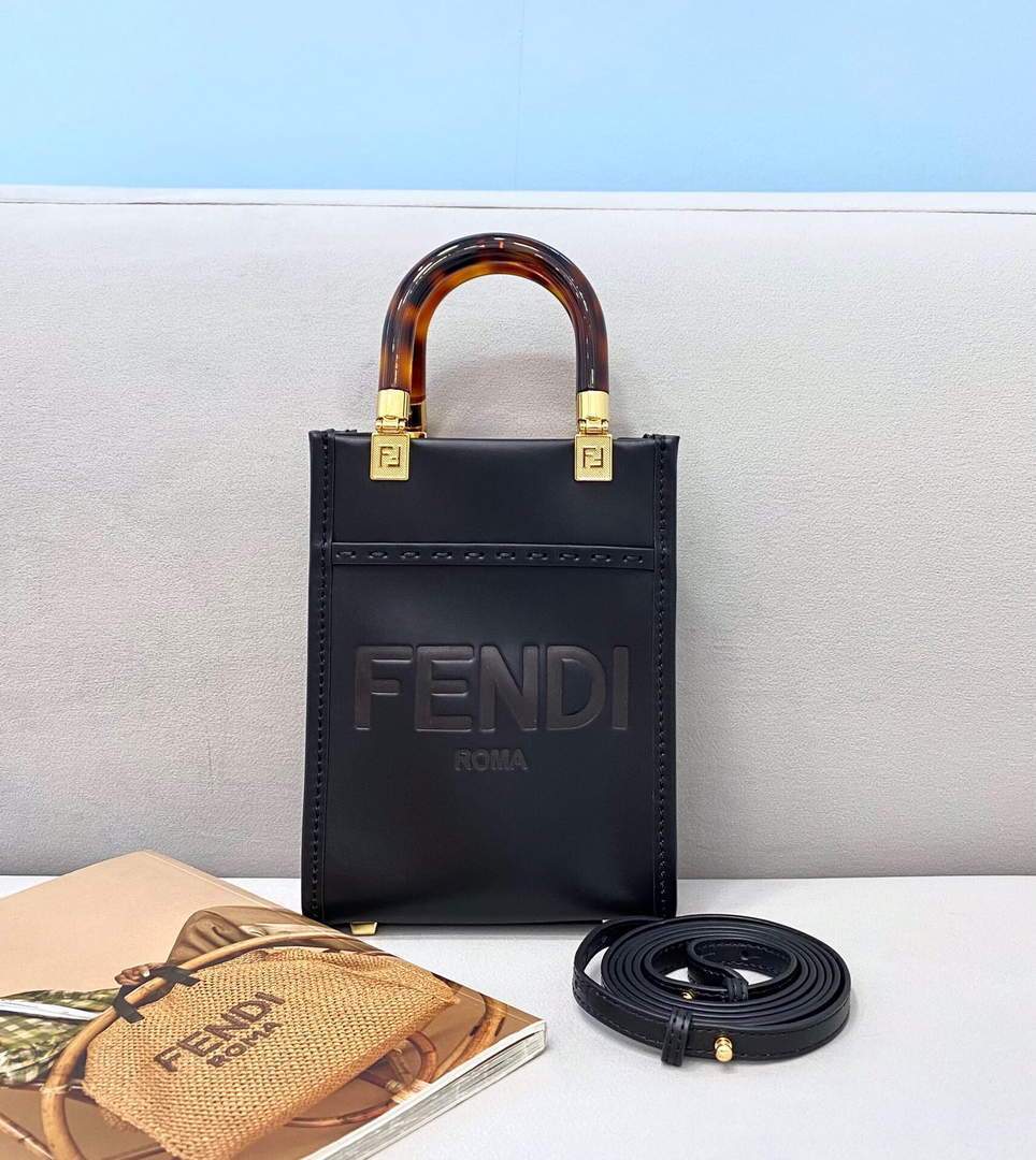 Fendi 8BS051 Mini Sunshine Shopper Leather Bag 8376A Black - luxibagsmall