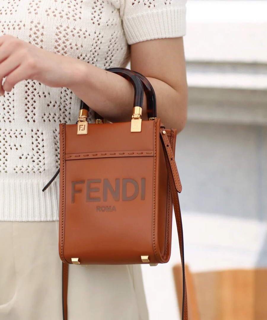 Fendi 8BS051 Mini Sunshine Shopper Leather Bag 8376A Brown - luxibagsmall