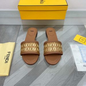 Fendi 8R8092 FF Interlace Leather Slides Flats Shoes Brown - luxibagsmall