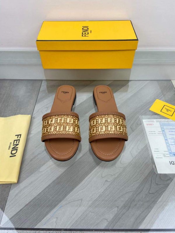 Fendi 8R8092 FF Interlace Leather Slides Flats Shoes Brown - luxibagsmall