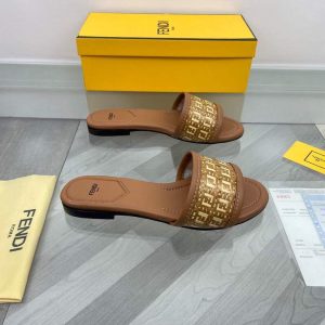 Fendi 8R8092 FF Interlace Leather Slides Flats Shoes Brown - luxibagsmall