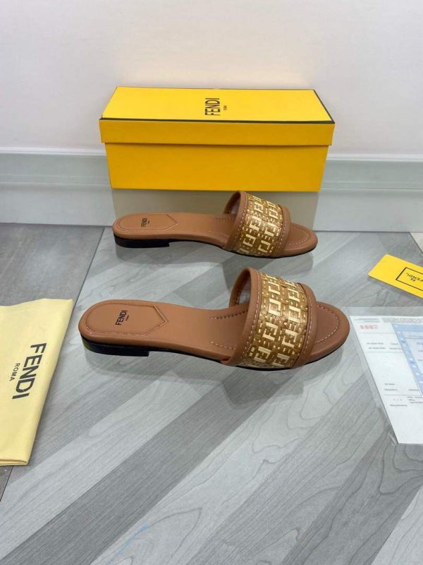 Fendi 8R8092 FF Interlace Leather Slides Flats Shoes Brown - luxibagsmall