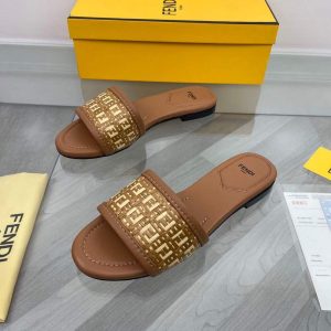 Fendi 8R8092 FF Interlace Leather Slides Flats Shoes Brown - luxibagsmall