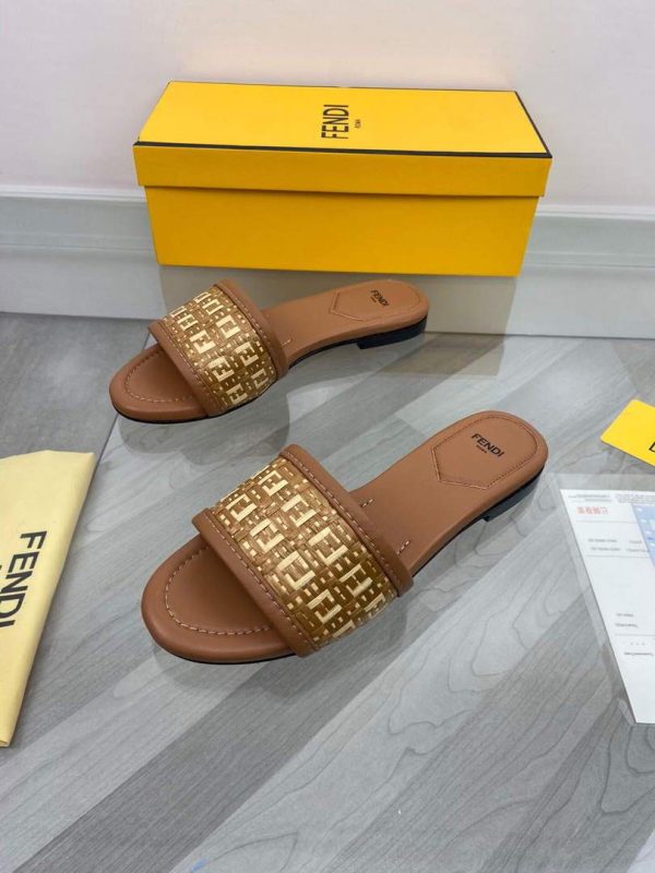 Fendi 8R8092 FF Interlace Leather Slides Flats Shoes Brown - luxibagsmall