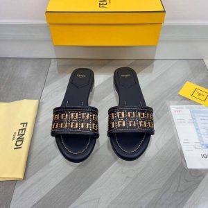 Fendi 8R8092 FF Interlace Leather Slides Flats Shoes Black - luxibagsmall