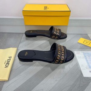 Fendi 8R8092 FF Interlace Leather Slides Flats Shoes Black - luxibagsmall