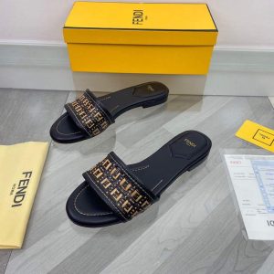 Fendi 8R8092 FF Interlace Leather Slides Flats Shoes Black - luxibagsmall