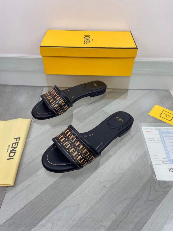 Fendi 8R8092 FF Interlace Leather Slides Flats Shoes Black - luxibagsmall