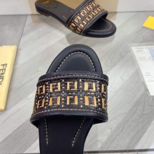 Fendi 8R8092 FF Interlace Leather Slides Flats Shoes Black - luxibagsmall