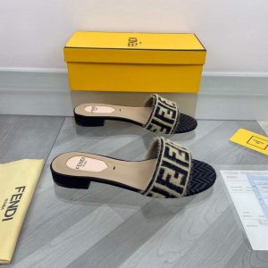 Fendi 8R8092 FF Interlace Leather Slides Flats Shoes Apricot - luxibagsmall