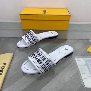 Fendi 8R8092 FF Interlace Leather Slides Flats Shoes White - luxibagsmall