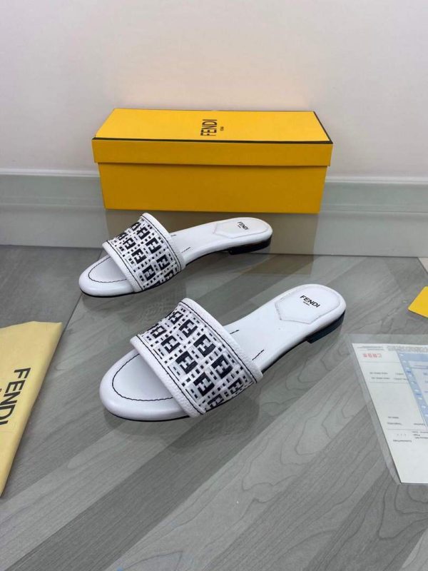 Fendi 8R8092 FF Interlace Leather Slides Flats Shoes White - luxibagsmall