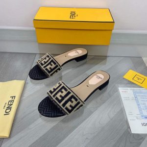 Fendi 8R8092 FF Interlace Leather Slides Flats Shoes Apricot - luxibagsmall