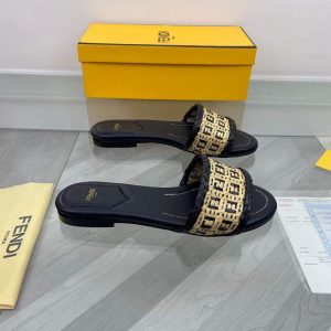Fendi 8R8092 FF Interlace Leather Slides Flats Shoes Black - luxibagsmall