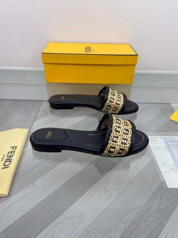 Fendi 8R8092 FF Interlace Leather Slides Flats Shoes Black - luxibagsmall