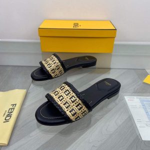 Fendi 8R8092 FF Interlace Leather Slides Flats Shoes Black - luxibagsmall