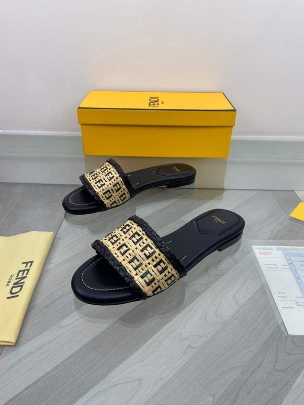 Fendi 8R8092 FF Interlace Leather Slides Flats Shoes Black - luxibagsmall