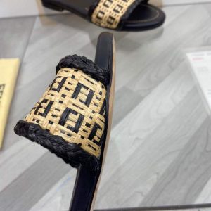 Fendi 8R8092 FF Interlace Leather Slides Flats Shoes Black - luxibagsmall