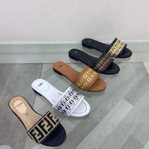 Fendi 8R8092 FF Interlace Leather Slides Flats Shoes Apricot - luxibagsmall