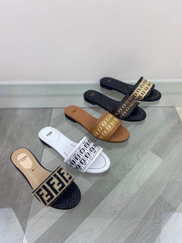 Fendi 8R8092 FF Interlace Leather Slides Flats Shoes Apricot - luxibagsmall